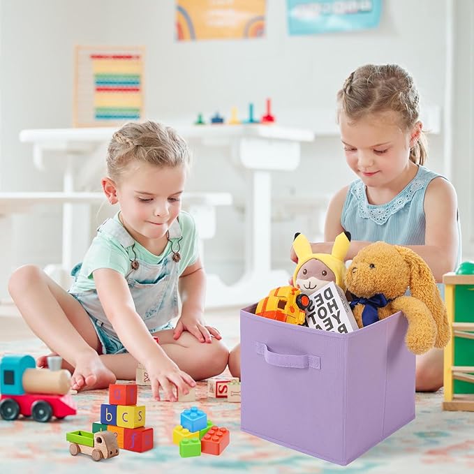 Stero Fabric Storage Bins 6 Pack Fun Colored Durable Storage Cubes with Fabric Handles Foldable Cube Baskets for Home, Kids Room, Closet and Toys Organization Purple, Pink, peachpuff