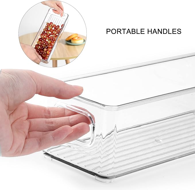 Stackable Plastic Food Storage Bin with Handles for Kitchen Pantry, Cabinet, Refrigerator, Freezer - Organizer for Fruit, Yogurt, Squeeze Pouches - BPA Free, 10" Long - 2 Pack – Clear