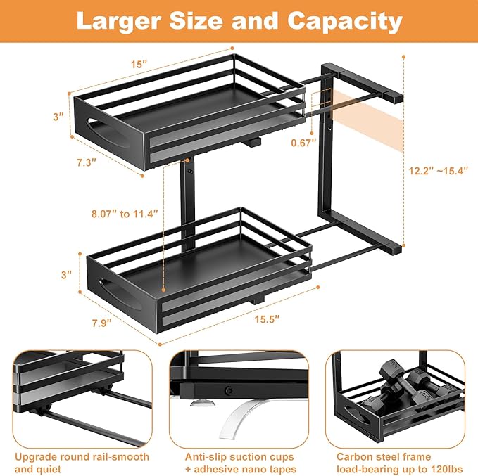 Under Sink Organizer, 2 Tier Under Sink Organizers and Storage, Adjustable Height, Slide out Metal Cabinet Organizers, Pull out Cabinet Storage Drawer Shelf for Kitchen Bathroom Black 2Pack