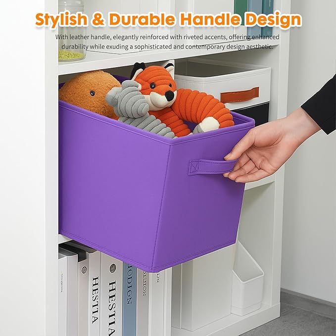 PowerKing Collapsible Storage Cubes with Handles, Fabric Foldable Bins for Closet Shelves, Durable Organization Storage Bins, 10.5'' x 11'' x 10.5'' (2Pack, Violet)