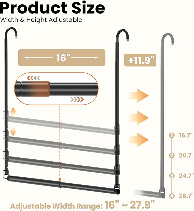 Stepless Extender Closet Hanging Rod - Heavy Duty Closet Rods for Hanging Clothes, Adjustable Width & Height, Space-Saving Matte Black Closet Organizer for Hanging & Drying, Easy to Install