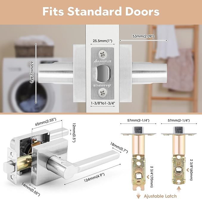 Passage Square Keyless Door Handle Without Key,Only Latch Required,Interior Exterior Free Rotation/One-Touch Opening,Reversible Left Right Lever Lock,ADA-Compliant,for Hallway Closet
