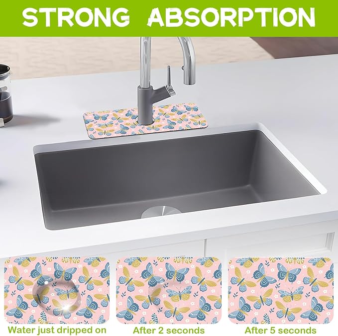 Butterflies and Chamomile Kitchen Sink Splash Guard Faucet Mat Super Absorbent Fast Drying Mat Guard Behind Faucet Drip Catcher for Kitchen Bathroom, 15.5"X5.5"