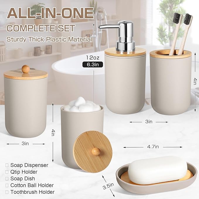 Bathroom Accessories Set 5 Pcs, Plastic Beige Bathroom Decor, Soap Dispenser and Toothbrush Holder Set, Soap Dish, Cotton Swab Jar, Bathroom Set, Boho Bathroom Organizer Accessory