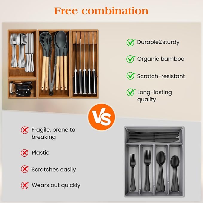Carbonized Bamboo Kitchen Silverwar Drawer Organizer,14.2 inch Length Natural Utensil Flatware Organizers Tray Storage for Spoons Forks & Knives