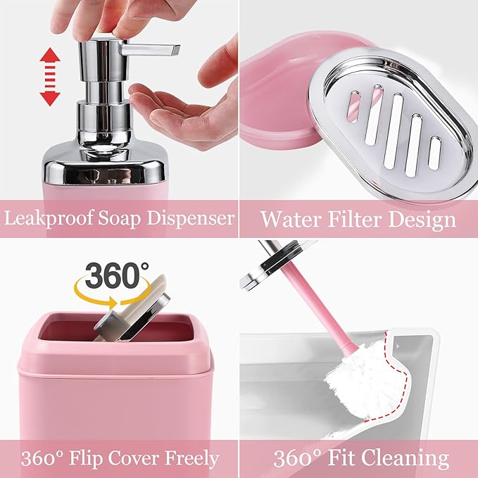 Bathroom Accessory Set–Bathroom Sets with Shower Curtain and Rugs, Non Slip Bathroom Rugs Super Absorbent, Pink Ombre Waterproof Shower Curtain with Hooks, Pink Bathroom Sets Complete for Home