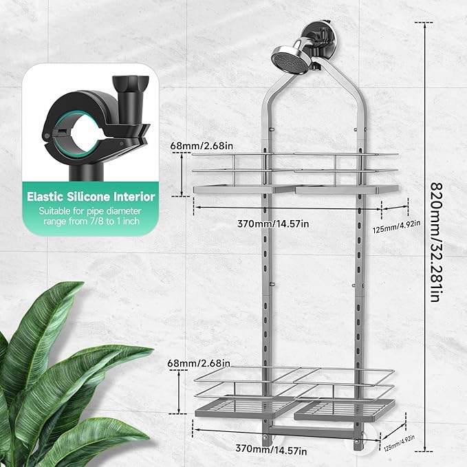 Shower Caddy Hanging for Handheld Showerheads Adjustable Height Extra Long Bathroom Storage Organizer Hanger Rack Rustproof Hose Shower Organizer 4 Levels Height Shower Rack (Sliver)
