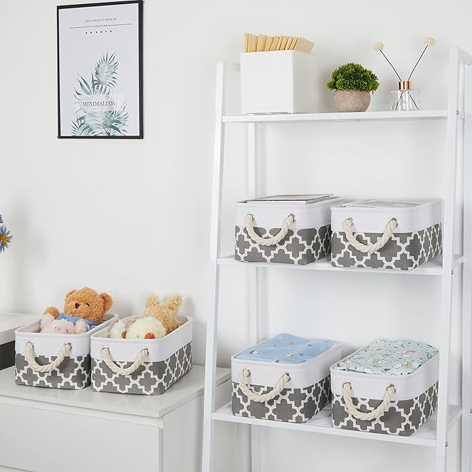 Bidtakay Small Storage Basket Cute Storage Bins Collapsible Fabric Basket Set of 6 Canvas Organizer Bin Empty Gift Baskets Baby Nursery Toys 11.8 X 7.8 X 5 Inches(White&Quatrefoil Grey)