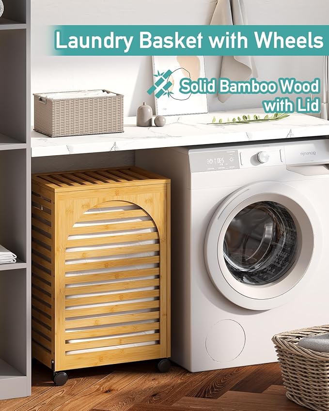 Laundry Hamper with Wheels, Laundry Basket with Lid, 22.5Gallon (85L) Bamboo Wood Clothes Laundry Hamper 2 Section with Handles, Removable Liner