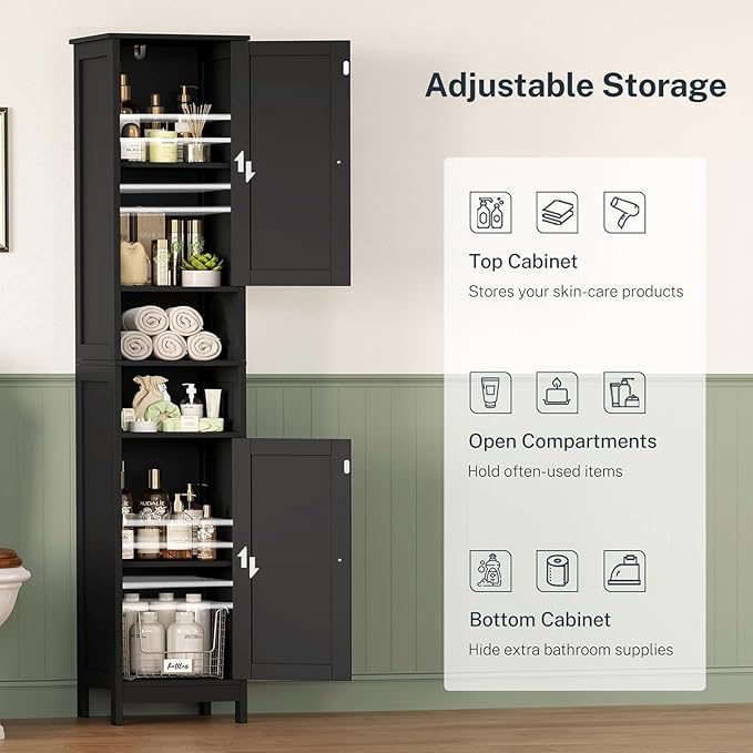 TEENFON 67" Tall Bathroom Cabinet with Adjustable Shelves and Doors, Narrow Bathroom Storage Cabinet for Small Space, Living Room, Entryway, Kitchen, Black