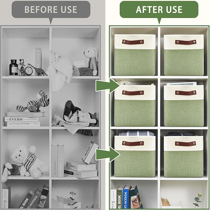 4-Pack Foldable Fabric Storage Cubes 11x11 Inch, Sturdy Cube Organizer Bins with Leather Handles, Storage Baskets for Closet Shelves and Home Organization(White/Green)