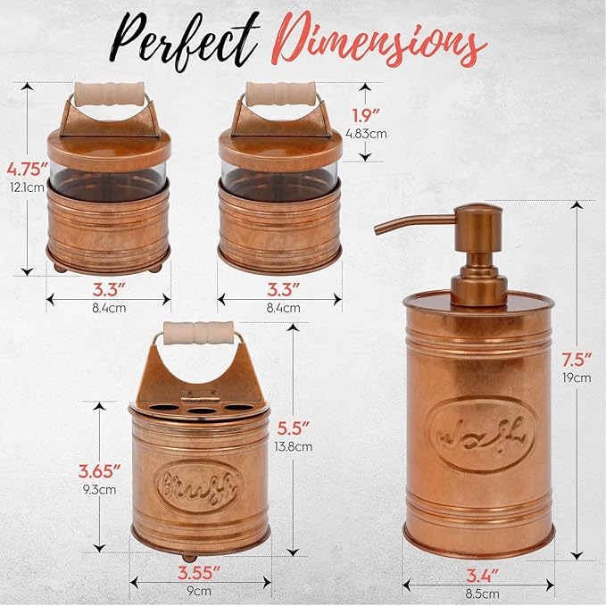 Autumn Alley Rustic Bathroom Accessories Set 4 - Copper Farmhouse Soap Dispenser, Toothbrush Holder, 2 Apothecary Jars Qtip Holder - Rustic Bathroom Decor – Farmhouse Bathroom Accessories