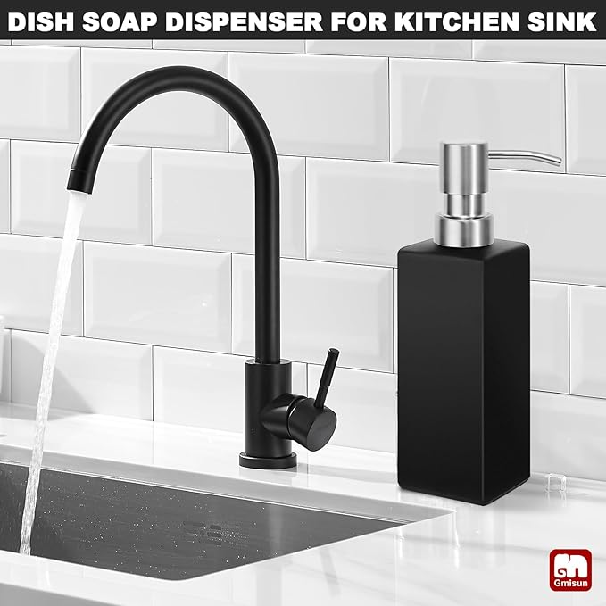 GMISUN Black Soap Dispenser Bathroom, Glass Hand Soap Dispenser with Stainless Steel Pump, 12 fl oz/350ml Refillable Dish Dispensers for Kitchen, Modern Liquid Lotion Bottles for Bathroom Countertop