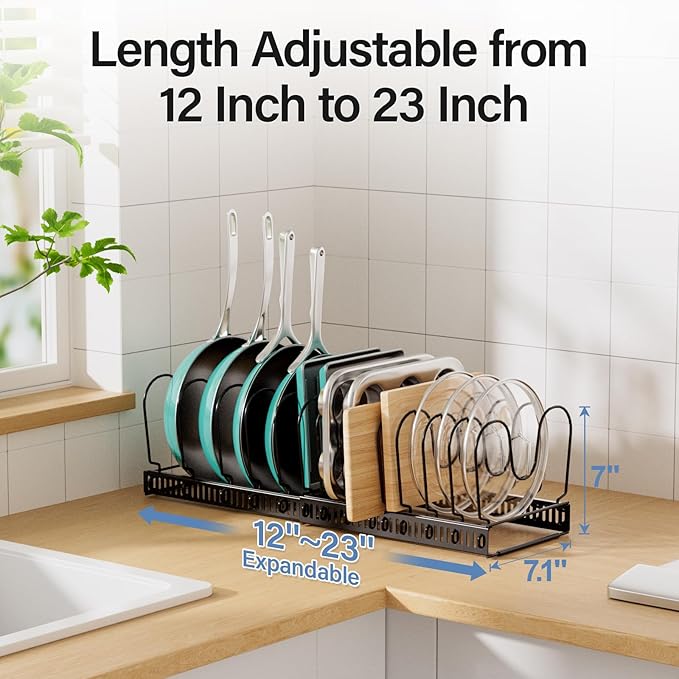 ORDORA Pots and Pans Organizer under Cabinet with Pot Lid Organizer, Expandable Rack for Pan and Pot Organizers Inside Cabinet, 11.8"-22.8" Adjustable with 14 Dividers for Kitchen Organization, Black