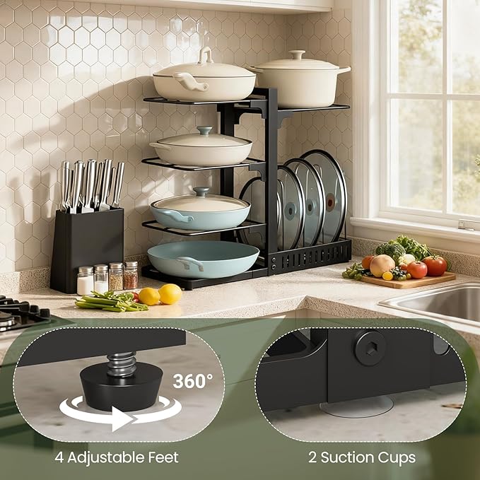 pots and Pans Organizer Under Cabinet, Pot and Pan Organizer Rack, Two-Sided Cookware Holder with Lid Storage, Adjustable Pan Organizer, Pot Holders, for Kitchen, Black TPR40BB