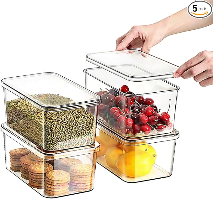 Sgoostood Clear Storage Bins With Lids,4 Packs Food Storage Organizer,Stackable Kitchen Cabinet,Bathroom Basket,Fridge Organization.Pantry Transparent Containers For Fruits,Drinks