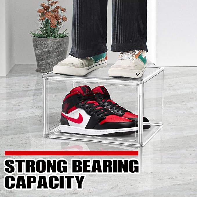 10 Pack Acrylic Shoe Boxes, Sneaker Display Case Size 14, Clear Shoe Organizer Stackable Plastic Stackable Storage Box Handbag Purse Organizer Shoes with Magenetic Lid