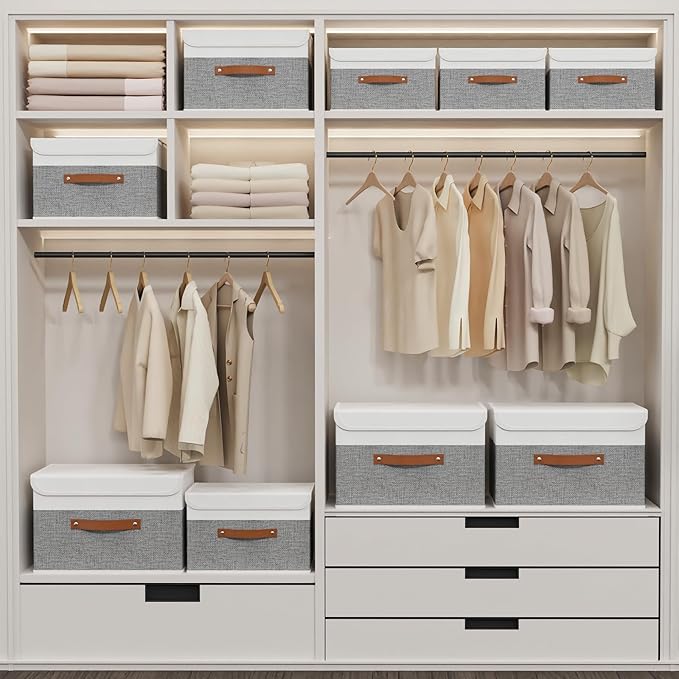 Yawinhe Storage Boxes with Lids, Linen Fabric Bin, Cube Organizer Basket, Washable and Leather Handle, for Home, Closet, White/Grey, 15.0''Lx9.8''Wx9.8''H, 1-Pack, USNK024WGL-1