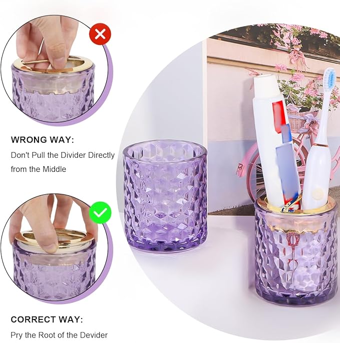 2pcs Purple Toothbrush Holders for Bathrooms, Glass Toothbrush Holder and Bathroom Tumbler Set, Gold Tooth Brush Cup Holder, Bathroom Counter Organizer for Brushes, Toothpaste