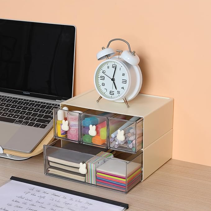 Desktop Storage Drawers, Plastic Desk Organizer with 3 Drawers, Modular Stackable Toolbox Units for Office Stationary, Makeup Container, Bathroom Countertop (1 Tall Layer, Cream & Clear)
