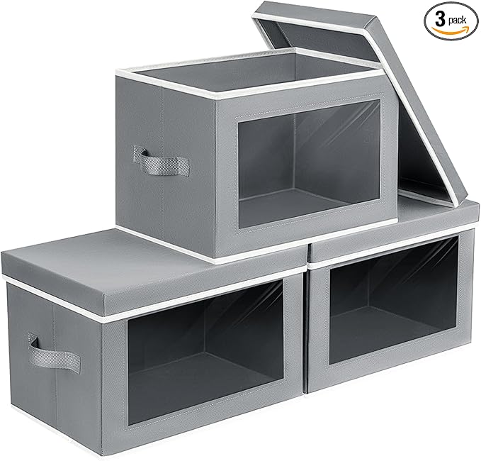 Storage Bins with Lids - Small Fabric Organizers with Window, Collapsible Storage Bins for Clothes, Decorative Closet Organizers for Towels, Tshirt, 3 Pack, Grey
