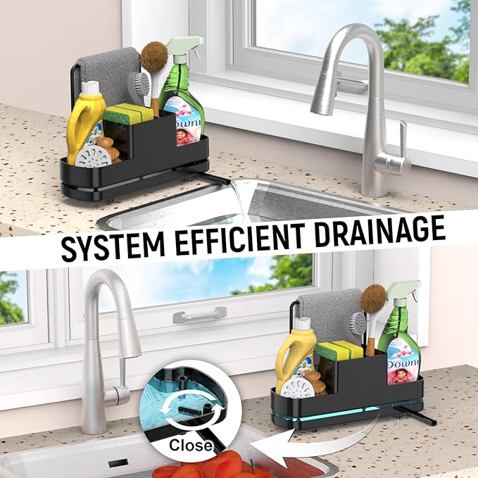 FUNKYLEE Sink Caddy Kitchen Sink Organizer, Black Kitchen Counter Organizer, Scrub Brush Holder, Plastic Sponge Holder for Dish Soap, Soap Dispenser, Sponge, Towel