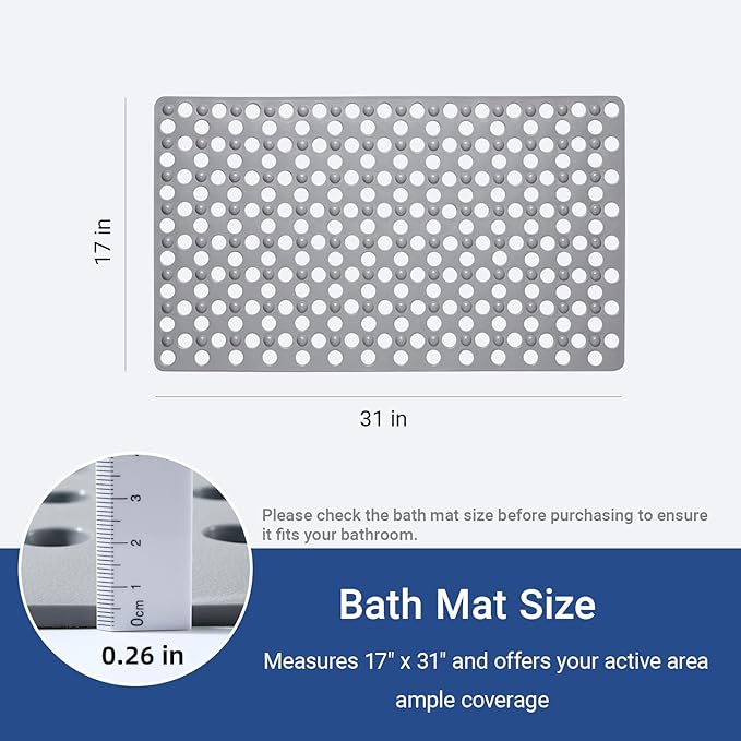 BREELEAM Non Slip Bathtub Mat and Shower Mat 31x17 inch,Bath Mat with Quick Dry Drain Holes and Suction Cups, Soft Comfortable Safe Bathroom Mat for Bath Tub, Floor, Tile (Grey)