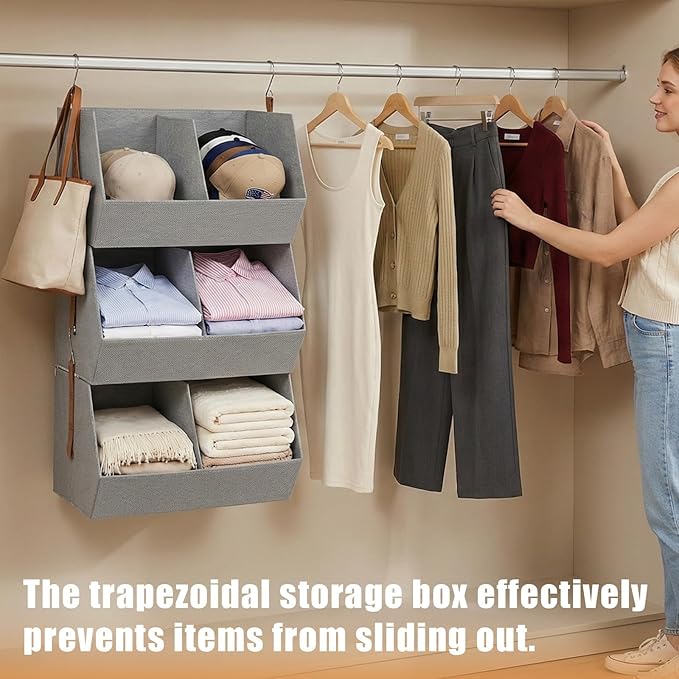 1 Pack,Hanging Closet Organizer 3 Tier,Disassemblable Clothes Hanging Shelves,Space-Saving Closet System, Fabric Storage Bins Bedroom Organization,Collapsible Baskets for Home, Dorm, Rv,Grey