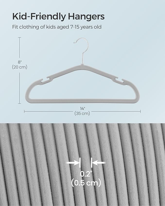 SONGMICS Kids Hangers 50 Pack, 14 x 8 Inches, Non-Slip Velvet Baby Hangers for Closet, Space-Saving, Wide Shoulder Notches, Dove Gray UCRF038G01