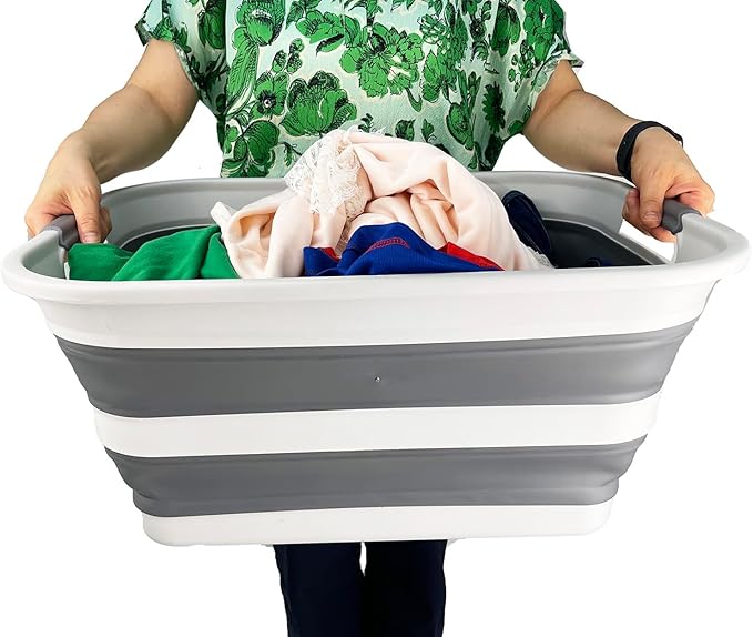 SMMART Collapsible Plastic Laundry Basket with Handle/Foldable Pop Up Storage Hamper/Portable Laundry Organizer-Space Saving Washing Tub/Household Storage Supplies (Grey/Steel Grey, 42L)