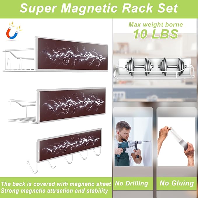 Magnetic Spice Rack for Refrigerator, 5 Pack Metal Strong Magnet Spice Organizer Shelves with Hook Rack, Space Saving Magnetic Fridge Shelf for Home Kitchen Organization and Storage (White)