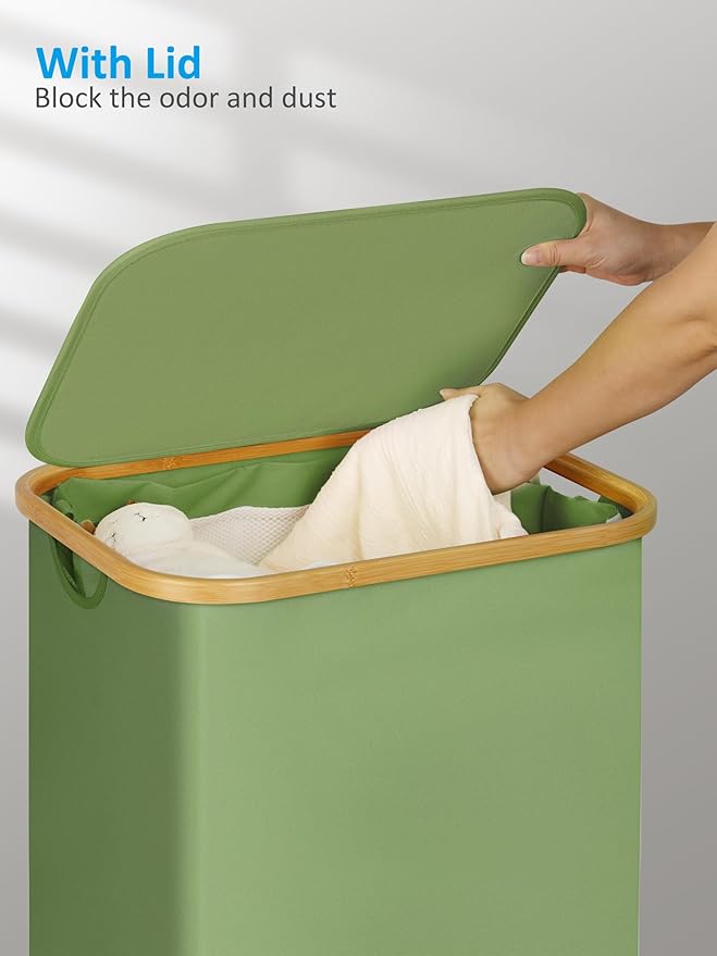 efluky Laundry Basket with Wheels, Tall Rolling Laundry Hamper with Lid and Removable Bag, Aesthetic Dirty Clothes Hamper on Wheels for Laundry Room, Bedroom, Dorm and Bathroom, 100L Green