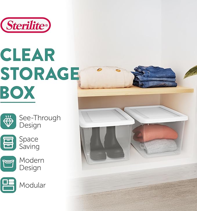 Sterilite 16 Pack Storage Box, 20 Quart Stackable Tote, Clear Plastic Container with Secure Snapping Lids for Home and Office Organization, White