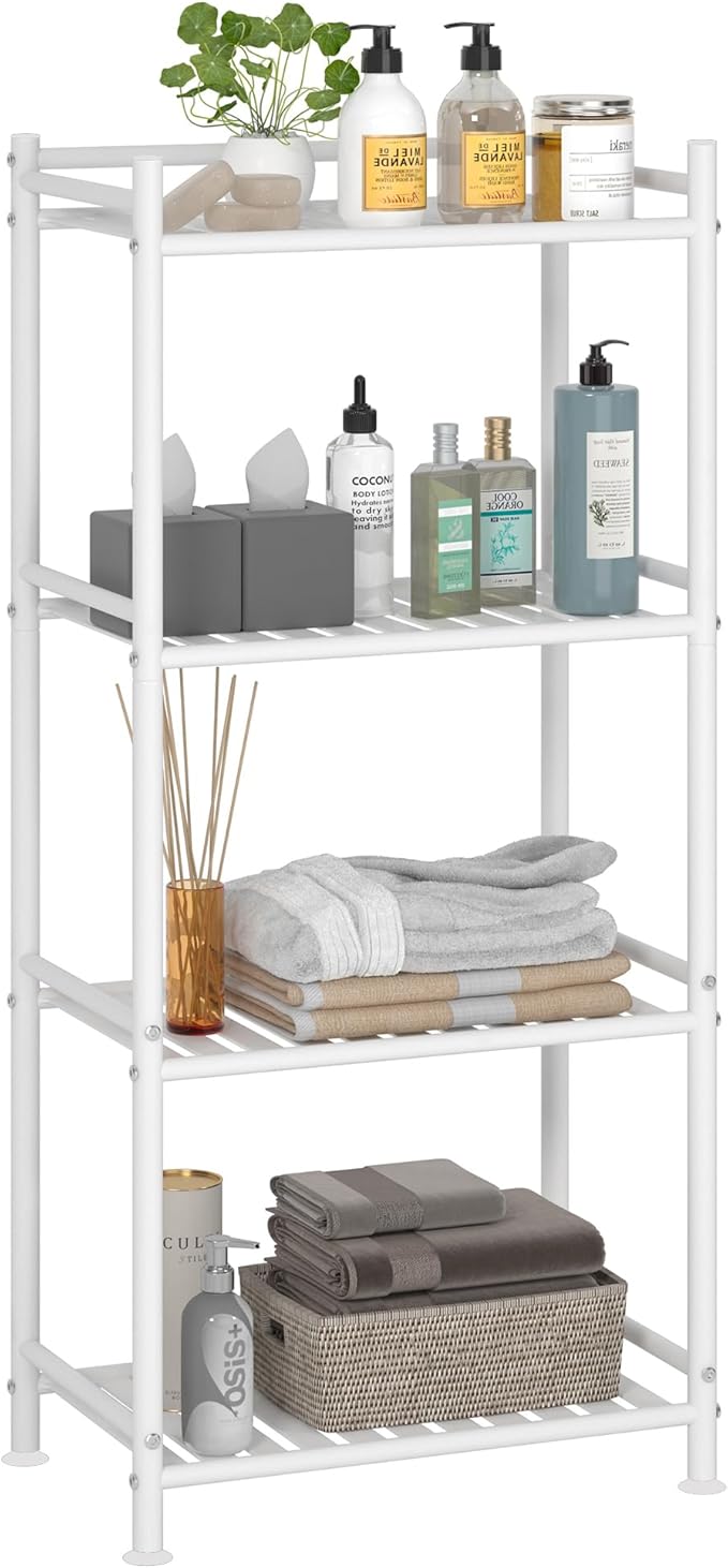 4 Tier Bathroom Storage Open Shelf Unit, Free-Standing Metal Corner Rack Shelving for Kitchen, Living Room, Hallway (White, Wider 4 Tier)
