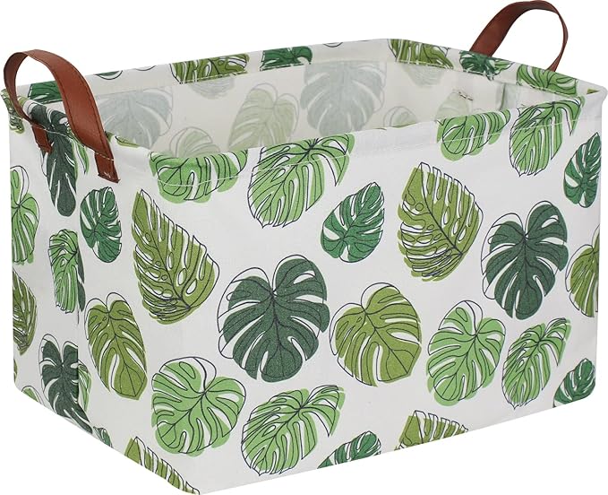 Rectangular Green Storage Basket, Waterproof Safari Nursery Box with Handles for Bedroom, Jungle Theme Gifts Basket, Momstera Decor(Leaf)