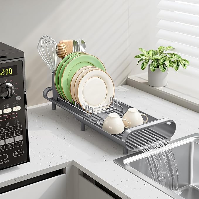 TOOLF Small Dish Drying Rack, Mini Expandable Compact Dish Rack, Slim Extendable Stainless Steel Dish Drainer for Kitchen Plate Storage, Space Saving Dish Strainer in Sink or on Home Countertop, Gray