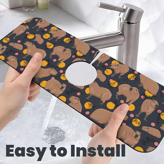 Capybara Doodle Botanical Circle Wildlife Kitchen Sink Splash Guard Faucet Mat Super Absorbent Fast Drying Mat Sink Gadgets-Fast Drying Pad Sink Mat For Kitchen Bathroom (15" X 5.5" )