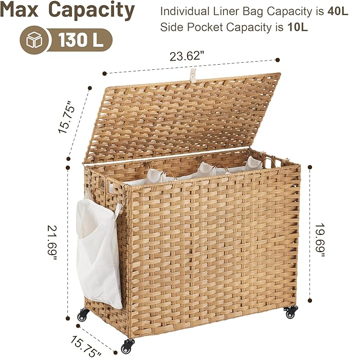 Laundry Hamper with Wheels, 34.3 Gallon(130L) Rolling Laundry Basket with Lid, 3-Section Rattan Clothes Hamper with 3 Removable Liner & 3 Mesh Bags, Laundry Sorter with Side Pocket, Natural