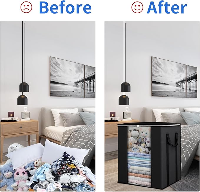 Fixwal Blanket Storage Bags with Zipper Large Storage Bins with Lids 120L 2 Pack Comforter Storage Bags with Reinforced Handles Clothes Storage Containers for King Comforter Bedding Pillow Sheet Black
