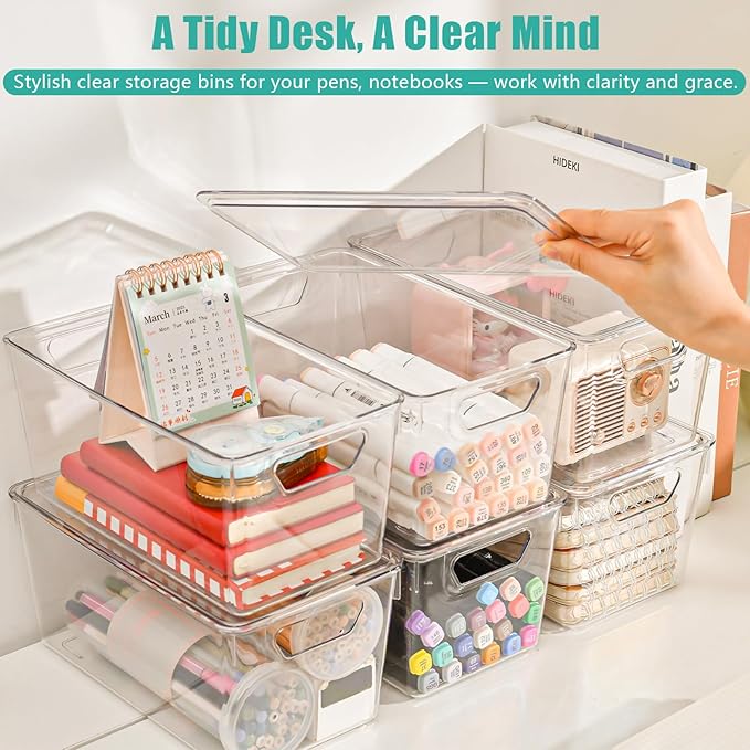 6 Pack Clear Storage Bins with Lids, Small Acrylic Arts and Craft Storage Containers, Stackable Clear Plastic Craft Storage Bins with Handles for Pantry Organizers and Storage, Kitchen, Fridge, Office