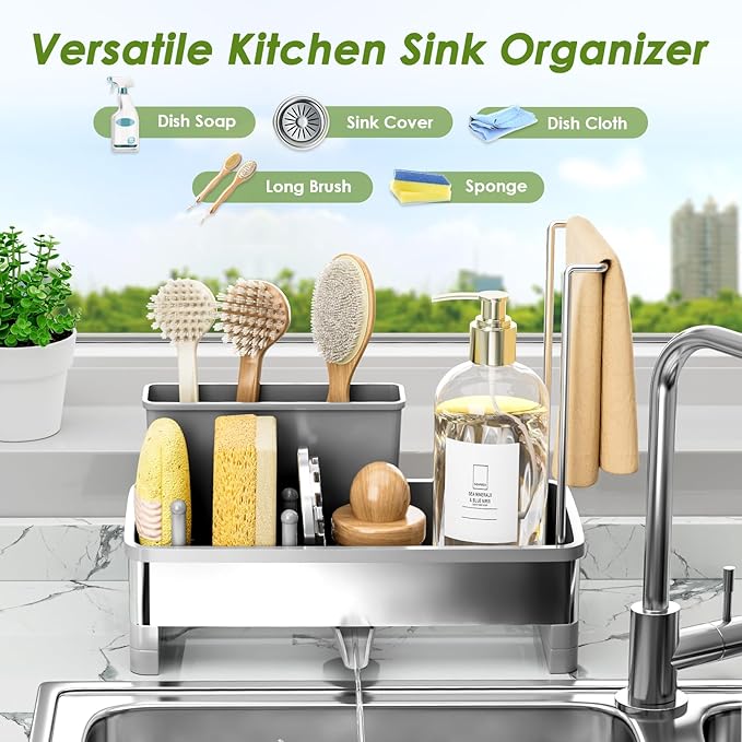 Ewaiira Stainless Steel Sink Caddy, Sponge Holder for Kitchen Sink with Brush Holder & Dishcloth Rack, Rustproof Sink Organizer Countertop, Soap Dispenser Kitchen Organizers Storage Essentials (Gray)