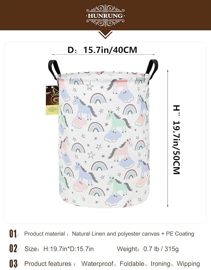 HUNRUNG Laundry Hamper,Large Canvas Fabric Lightweight Storage Basket Toy Organizer Dirty Clothes Collapsible Waterproof for College Dorms（Round-Star Unicorn）