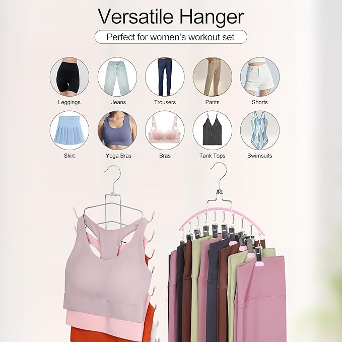 TOPIA HANGER 4 Pack Gym Clothes Organizer, 2 Pack Tank Top Hangers with 2 Pack Leggings Hangers Space Saving Hang 20 Sets Tank Top Bra with Leggings Shorts Pants for Closet Women Pink CT78P