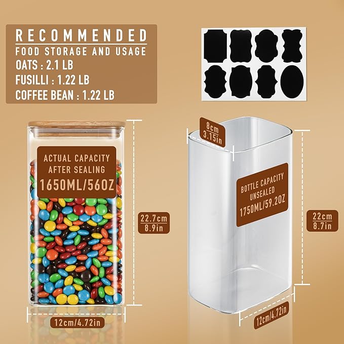 D2scrma 56oz Rectangle Airtight Glass Storage Containers with Bamboo Lids (Set of 4), Square Food Storage Jar, Pantry Organizers for Oats, Cereal, Pasta and Coffee beans (‎with Black Lable)