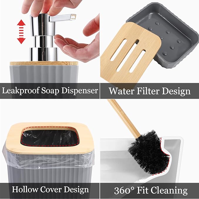 Grey Bathroom Accessories Set, 9 Piece Gray Bathroom Set, Bathroom Accessory Sets Compelete with Trash Can, Toothbrush Holder, Cup, Lotion Dispenser, Tray, Soap Dish, Toilet Brush, Qtip Holders