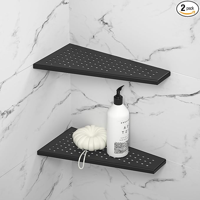 Bernkot Corner Shower Shelf, Matte Black 12" 304 Stainless Steel Trapezoid Grout in Shelf with Grid Hollows Design, Recessed Bathroom Shelves for Tiled Wall Retrofit, 2 Pack