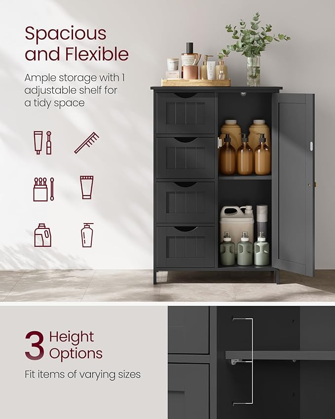 VASAGLE Storage Cabinet with Drawers, Freestanding Floor Cabinet with Door, 11.8 x 21.7 x 32.3 Inches, Adjustable Shelf, for Bathroom, Living Room, Kitchen, Ink Black ULHC041BH01S