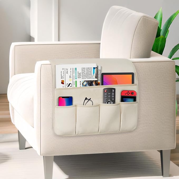 WETRBWEH Remote Control Holder for Armchair，Couch Caddy Organizer TV Remote Holder for Bed Storage 5 Pockets，Remote Caddy Bedside Organizer Bedside Table Organizer (Beige, 35''x18'')