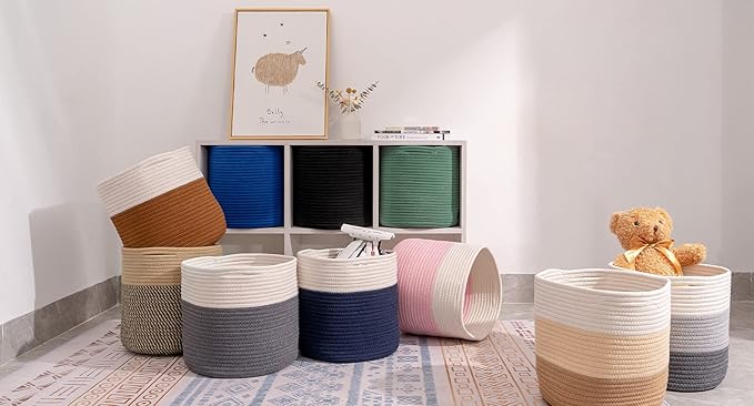 voten Storage Cubes Baskets Bins Organizer 11x11x11'' Fit 12x12''Cube Storage Organizer Bookcases Shelf,Durable Woven Cotton Storage Basket for Organizing,Round 3Pack Green