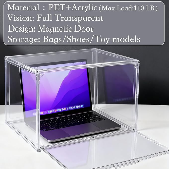 5 Pack XXX-Large Super Large Acrylic Display Case Figures Collectibles Helmet Showcase Boot & Shoe Boxes Clear Stackable Plastic Storage Bins Organizer with Magnetic Lid, 5 Pack with 2 Shoe Bags